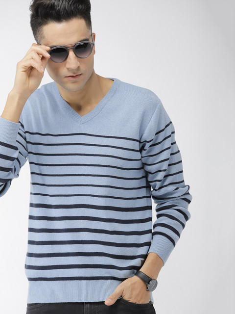 

Indian Terrain Men Blue Striped Pullover Sweater
