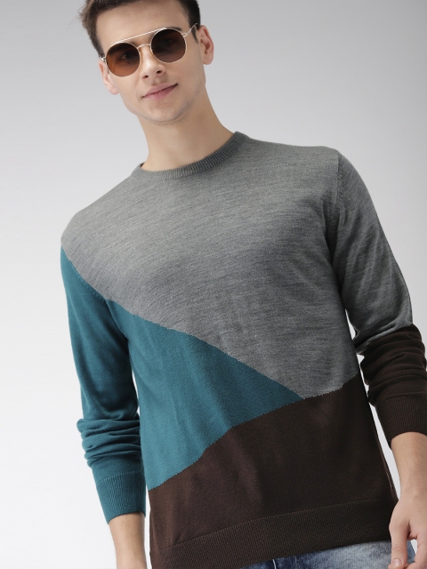 

Indian Terrain Men Grey Colourblocked Pullover