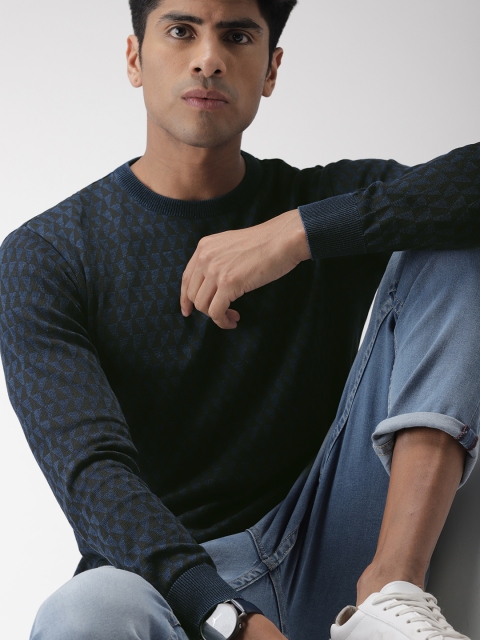 

Indian Terrain Men Navy Blue & Black Printed Pullover Sweater