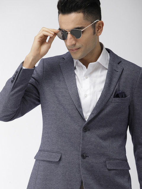

Indian Terrain Men Navy Blue Self Design Regular Fit Single Breasted Smart Casual Blazer