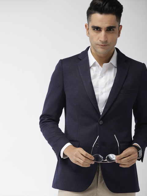 

Indian Terrain Men Navy Blue Self Design Regular Fit Single Breasted Smart Casual Blazer