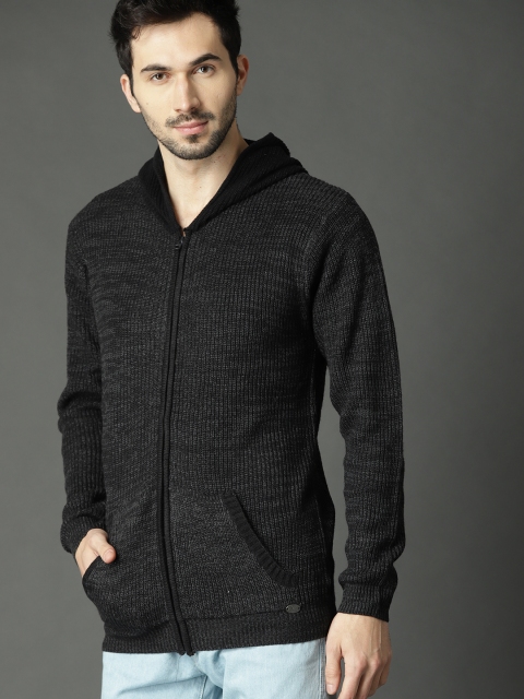 

Roadster Men Charcoal Grey & Black Solid Hooded Cardigan