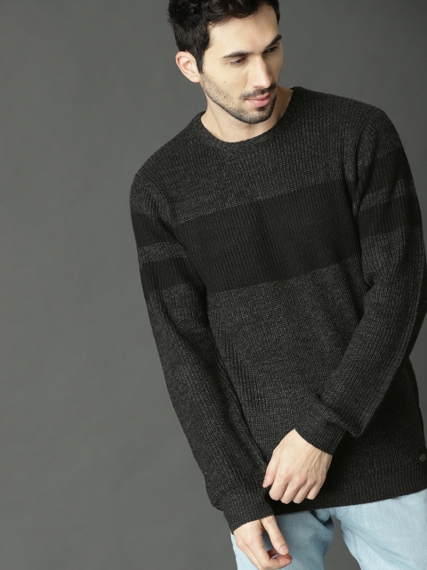 

Roadster Men Charcoal Grey & Black Colourblocked Pullover