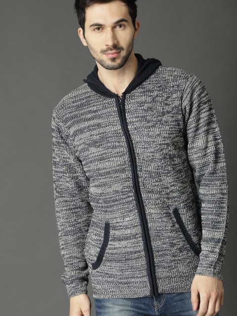 

Roadster Men Navy Blue & White Self Design Hooded Cardigan