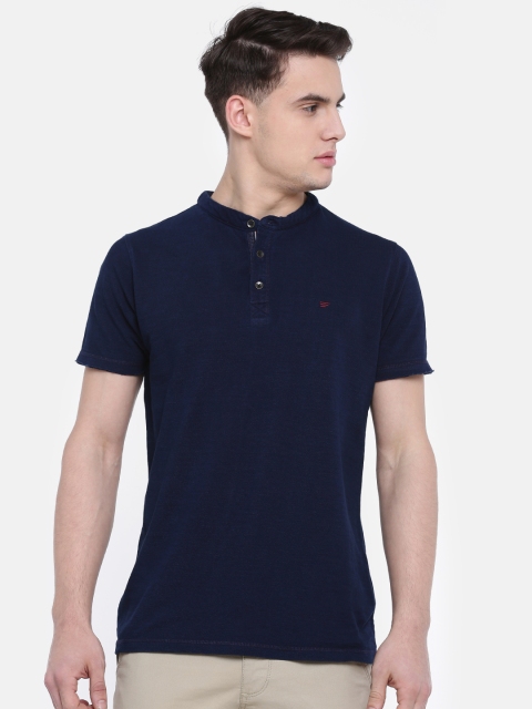 

t-base Men Blue Solid Mandarin Collar T-shirt