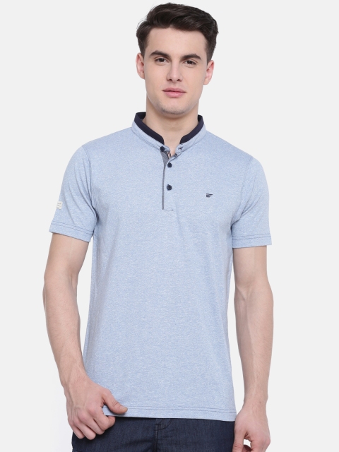 

t-base Men Blue Solid Mandarin Collar T-shirt