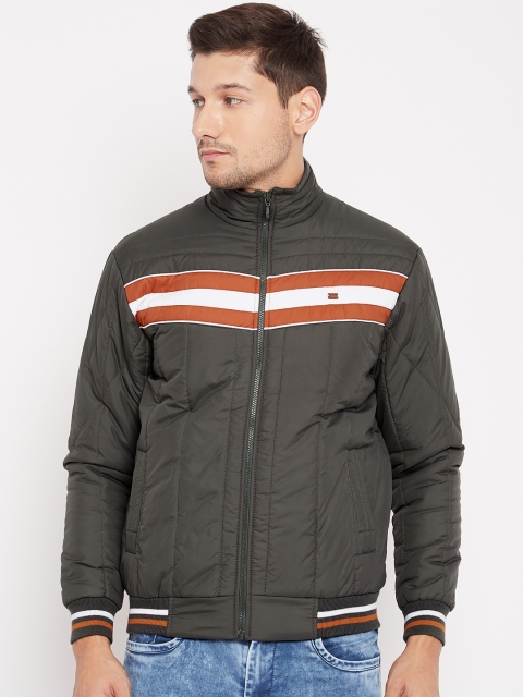 

Duke Men Olive Green Striped Varsity Jacket