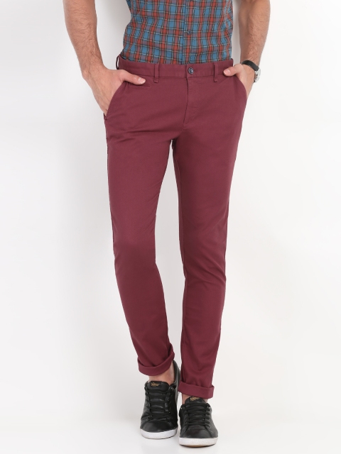 

Indian Terrain Men Burgundy Slim Fit Self Design Regular Trousers