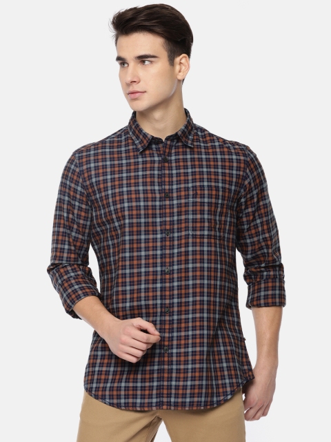 

Indian Terrain Men Navy Blue & Rust Orange Slim Fit Checked Casual Shirt