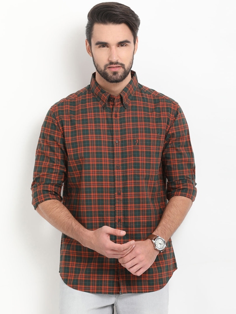 

Indian Terrain Men Olive Green & Orange Regular Fit Checked Casual Shirt
