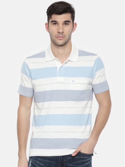 

Monte Carlo Men White & Blue Striped Polo Collar T-shirt