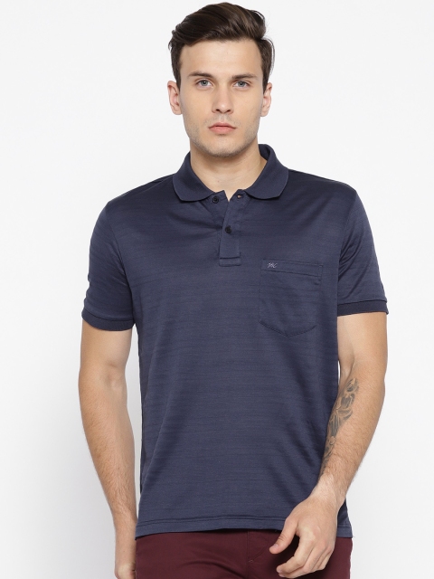 

Monte Carlo Men Navy Blue Self-Striped Polo Collar T-shirt