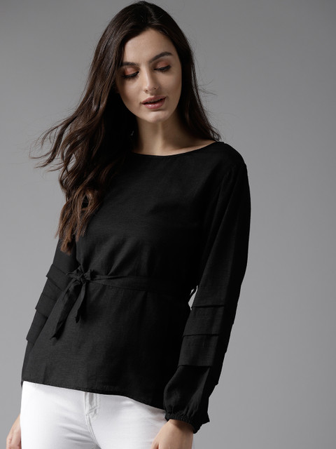 

HERE&NOW Women Black Solid A-Line Top with Belt