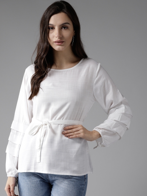 

HERE&NOW Women White Solid A-Line Top with Belt