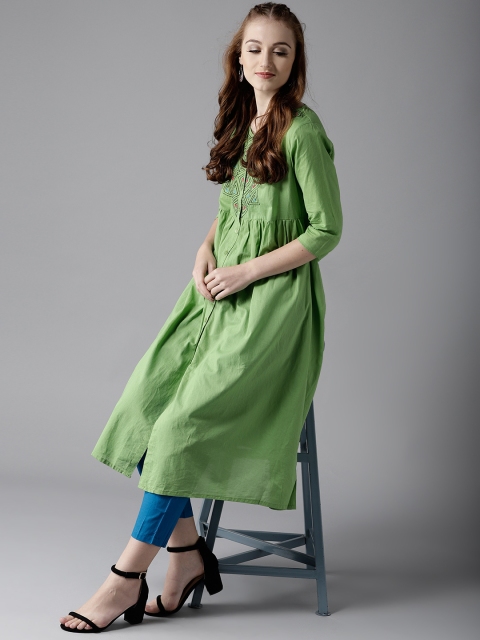 

HERE&NOW Women Green & Blue Yoke Design Kurta with Trousers