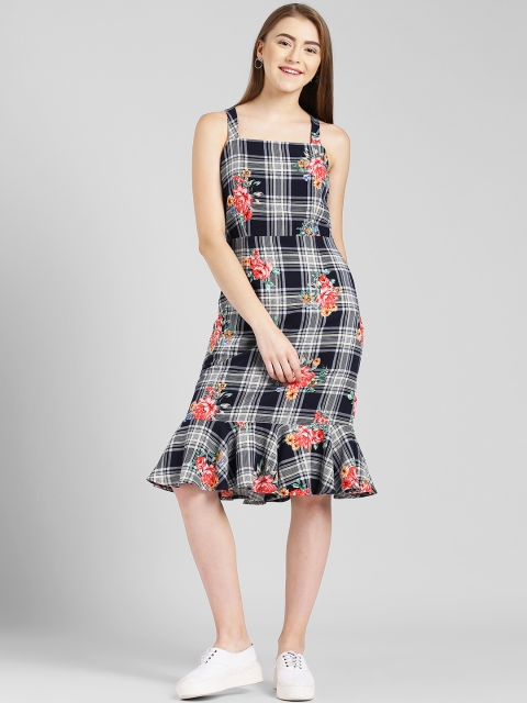 

Zink London Women Navy Blue Checked Fit and Flare Dress