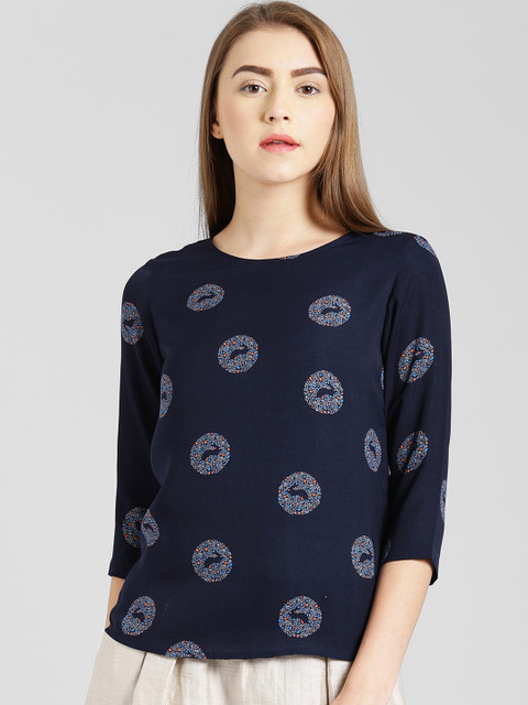 

Zink London Women Navy Blue Printed Top