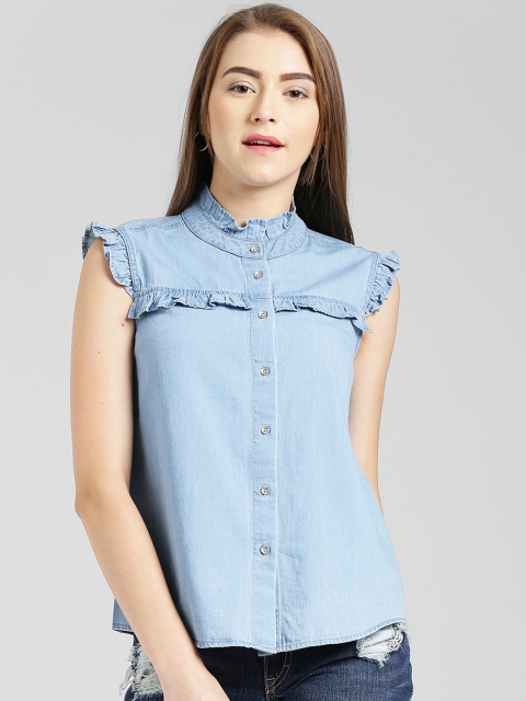 

Zink London Women Blue Solid Denim Shirt Style Top