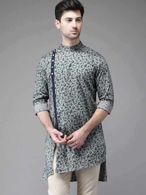 

Freehand Men Grey & Green Printed Straight Kurta