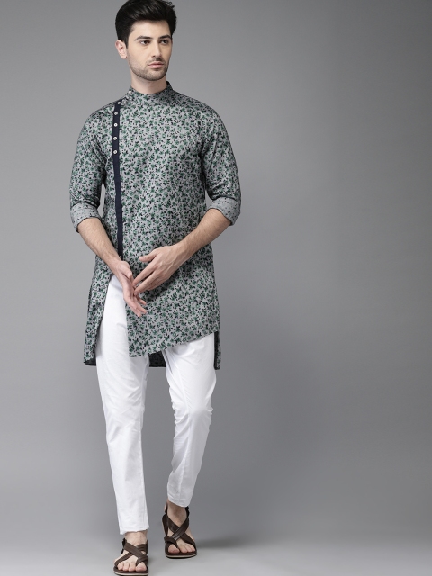 

Freehand Men Grey & Green Floral Printed Kurta with Pyjamas