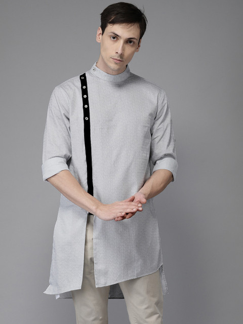 

Freehand Men White & Black Printed Straight Kurta