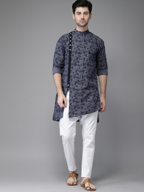 

Freehand Men Navy & White Printed Kurta with Pyjamas, Navy blue