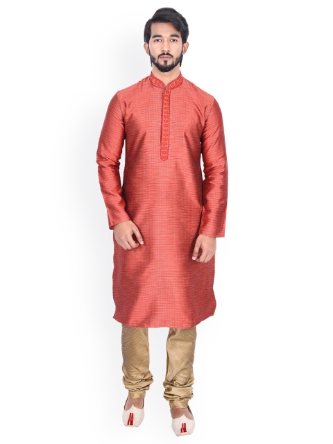 

Manyavar Men Red & Gold-Toned Self Design Kurta with Churidar