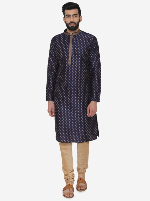 

Manyavar Men Blue & Beige Self Design Kurta with Churidar