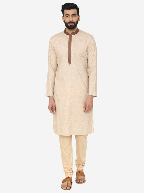 

Manyavar Men Beige & White Self Design Kurta with Pyjamas