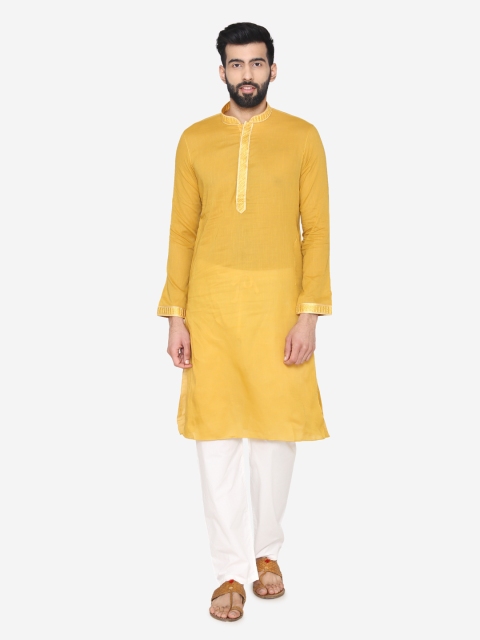 

Manyavar Men Mustard & White Self Design Kurta with Pyjamas