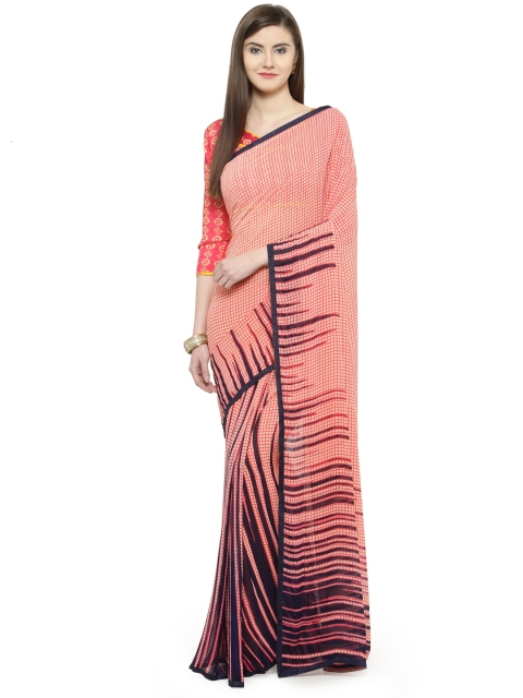 

Shaily Peach-Coloured & Blue Pure Georgette Printed Saree