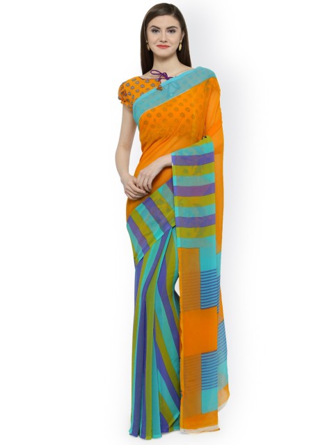 

Shaily Orange & Blue Pure Georgette Striped Saree