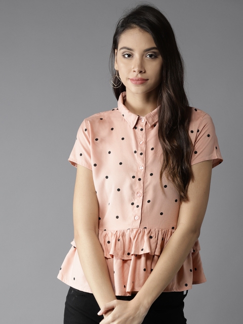 

Moda Rapido Women Peach-Coloured Printed Shirt Style Top