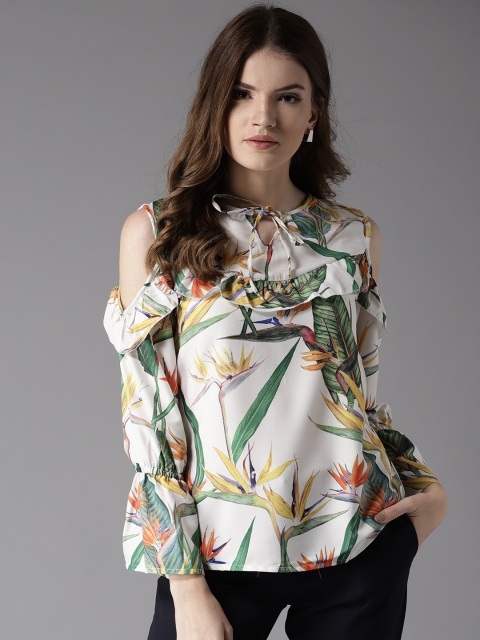 

Moda Rapido Women White & Green Printed Cold-Shoulder Top