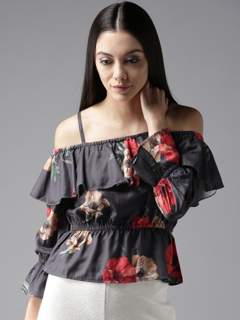 

Moda Rapido Women Charcoal Grey & Red Printed Bardot Top