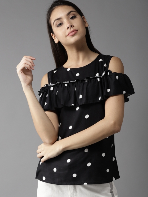 

Moda Rapido Women Black Cold Shoulder Printed Top