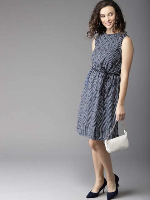 

Moda Rapido Women Navy Blue Striped Fit and Flare Dress