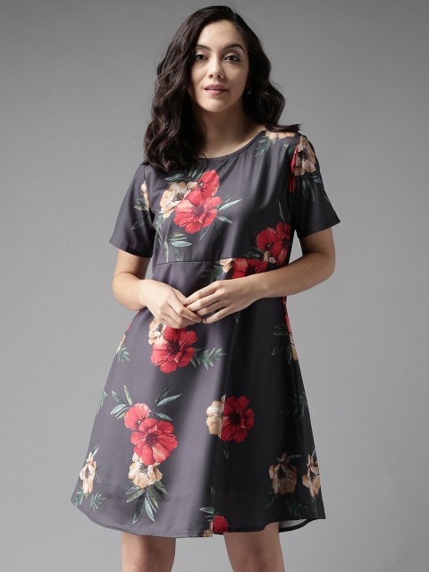 

Moda Rapido Women Grey Floral Printed A-Line Dress