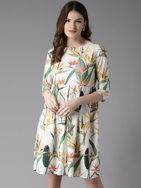 

Moda Rapido Women White & Green Tropical Print Empire Dress