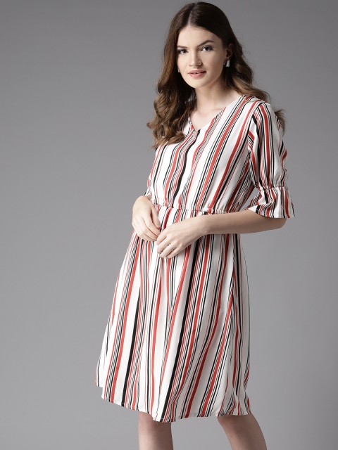 

Moda Rapido Women White & Red Striped Fit & Flare Dress