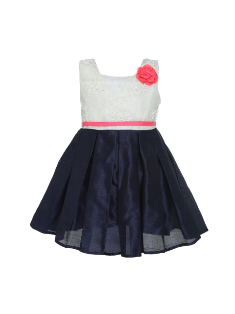 

A Little Fable Girls Navy Blue & Off White Embroidered Yoke Dress