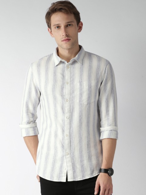 

Celio Men White Blue Slim Fit Striped Casual Linen Sustainable Shirt
