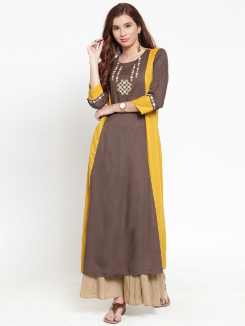 

Varanga Women Brown & Yellow Embroidered Kurta with Palazzos