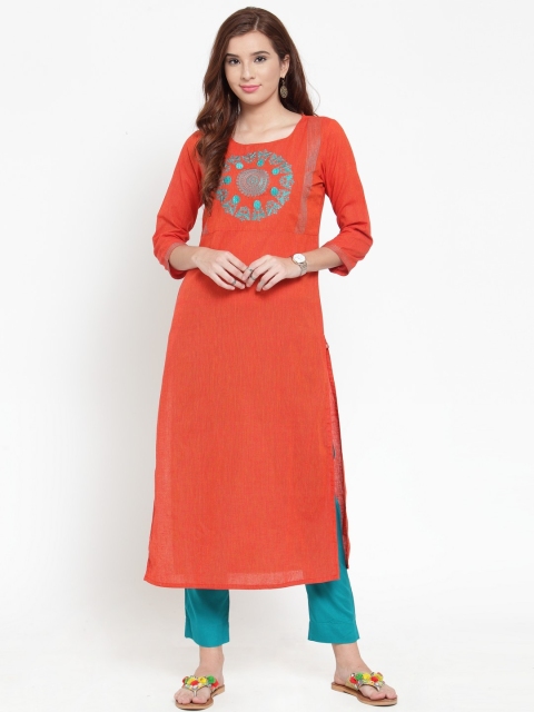 

Varanga Women Orange & Teal Solid Kurta with Trousers