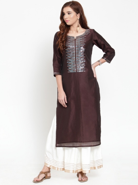 

Varanga Chanderi Coke Embroidered Kurta With Flared Sharara., Brown