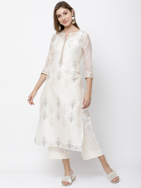 

Vishudh Women White & Beige Printed Layered Kurta, Off white