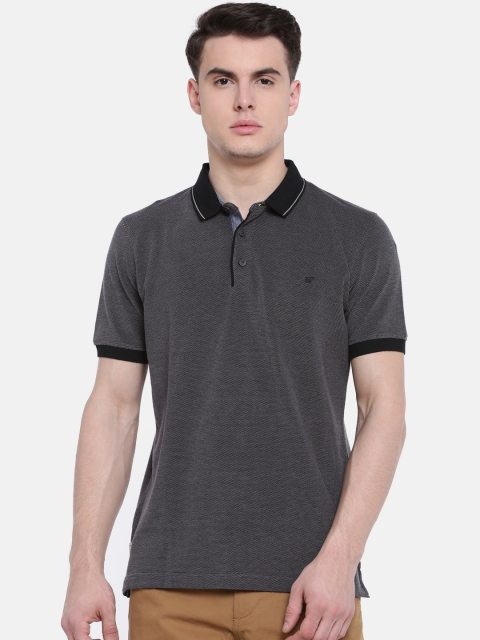 

t-base Men Grey Self Design Polo Collar T-shirt