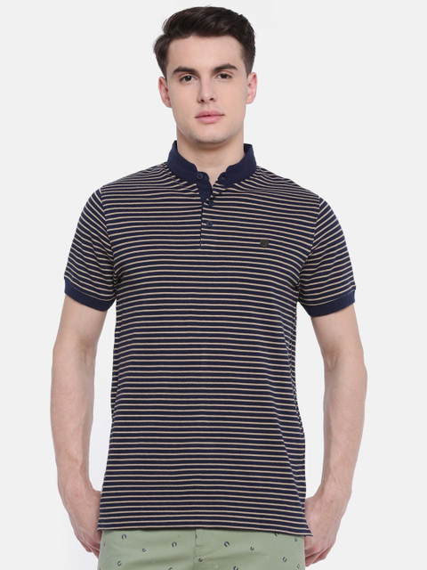 

t-base Men Blue Striped Polo Collar T-shirt