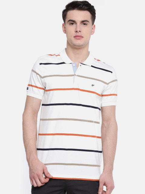 

t-base Men Off-White & Orange Striped Polo Collar T-shirt