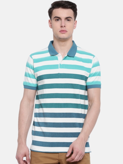 

t-base Men White & Sea Green Striped Polo Collar T-shirt